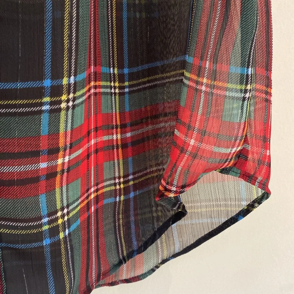 J Crew Ruffle Collar sleeveless button up sheer Stewart Plaid blouse Sz S NWT